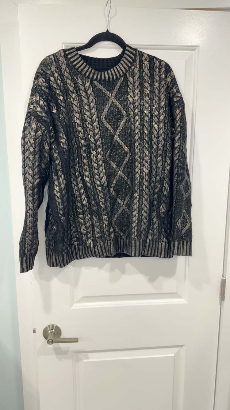 SHEIN Black and Metallic Silver Foil Cable Knit Crewneck Sweater